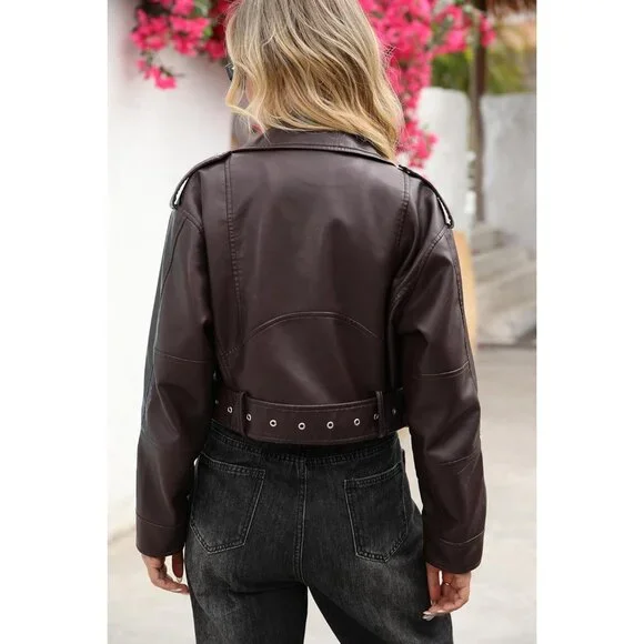 Women's Chocolate Faux Leather Cropped Jacket Vegan Motor Biker Coat with Belt